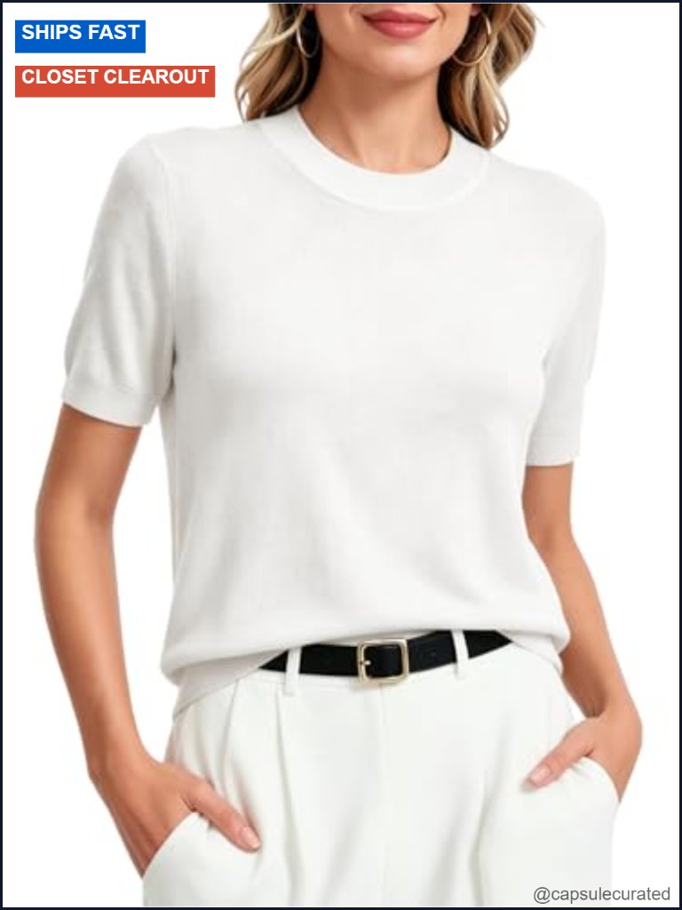 Lightweight Merino Wool Blend Short Sleeve Crew Neck Pullover Sweater